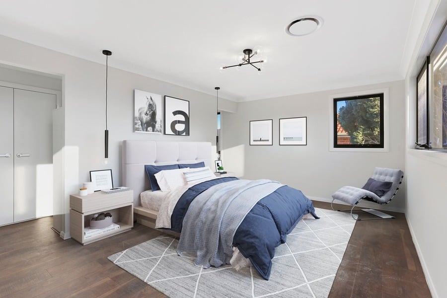 Virtual staging of bedroom in white and blue